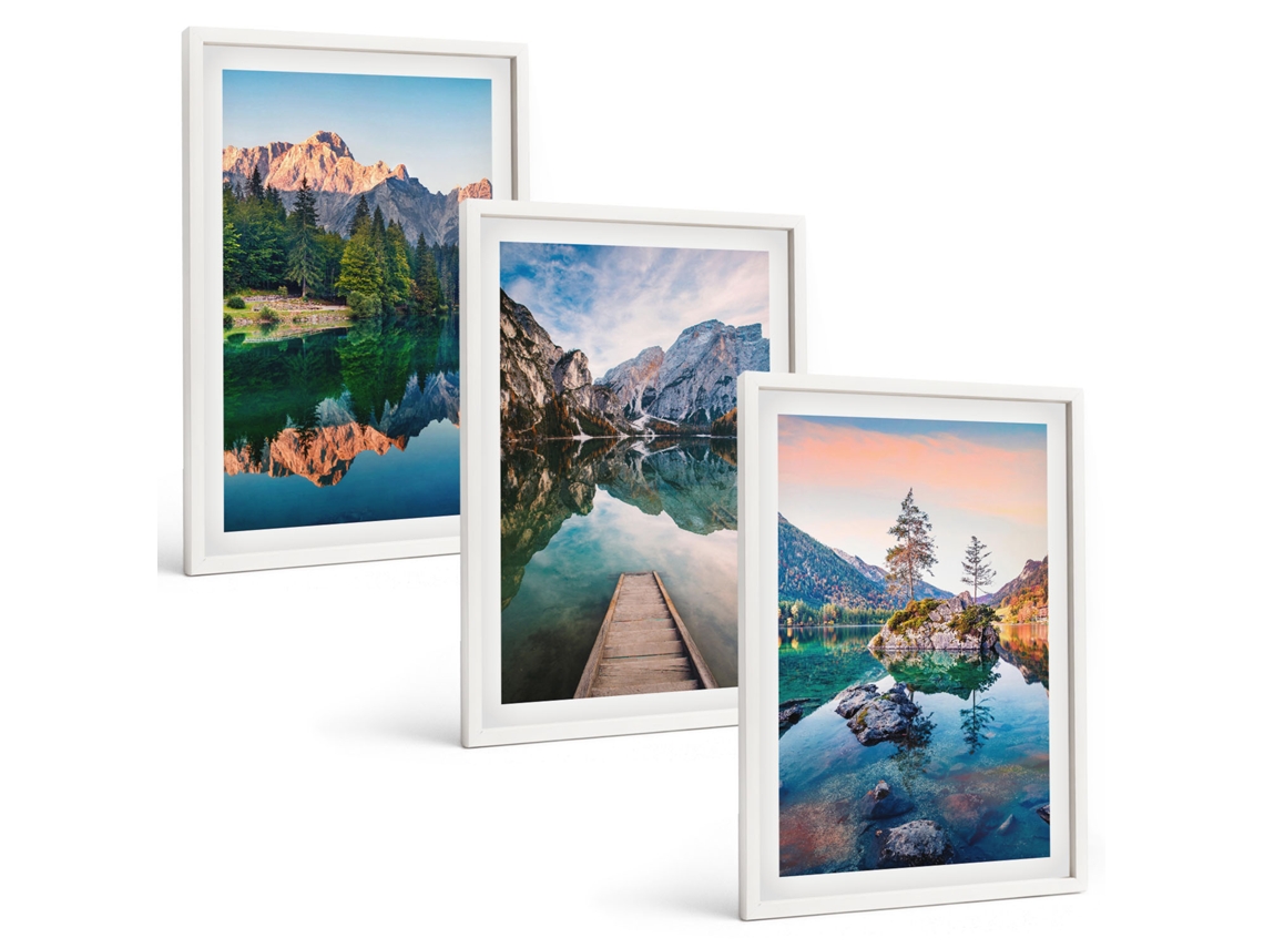 Galeria De Pinturas Murais Lagos De Montanha, Floresta, Reflexo Moldura Branca Imagens Para Um Quarto Infantil Espelharte (3 Piezas De 40x60 Cm)