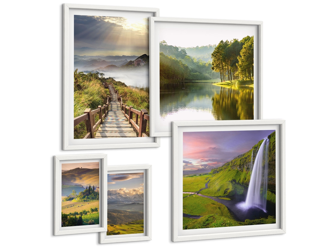 Galeria De Pinturas Murais Folhas Verdes, Trópicos, Aquarela Moldura Branca Quadros Para O Escritório Espelharte (conjunto De 5 Imagens)