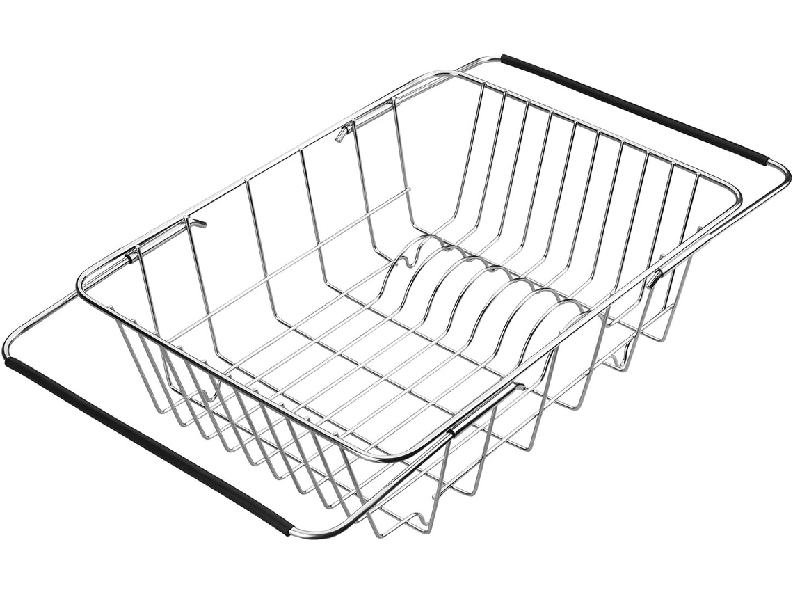 Escorredor de alimentos extensível em aço inoxidável, adequado para frutas, legumes, panelas, geladeiras e utensílios de cozinha (comp -aquaforge