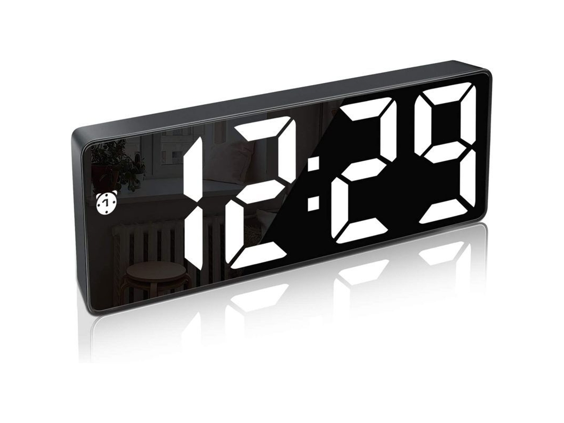 Relógio de alarme digital com tela grande, espelhada, função snooze, brilho ajustável, com carregador usb