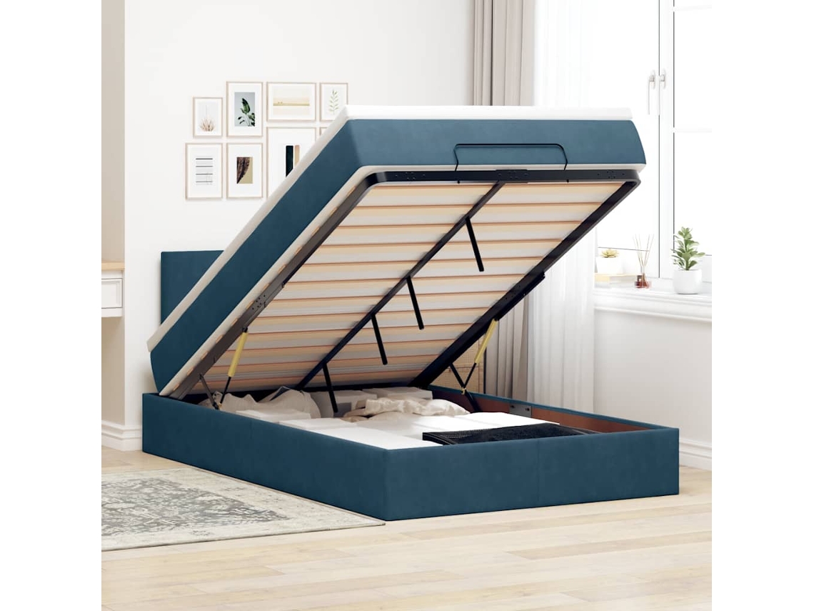 Vidaxl Estrutura Cama Otomana Colchão 120x200cm Veludo Azul Escuro