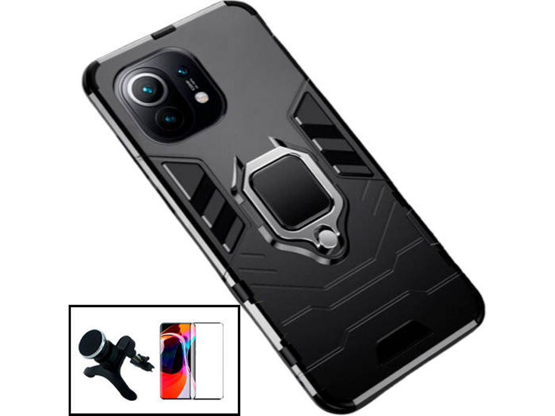 Kit Película de Vidro Temperado 5D Full Cover, Capa 3X1 Military Defender e Suporte Magnético de Carro Reforçado Xiaomi Mi 11 Lite 5G NE PHONECARE Preto