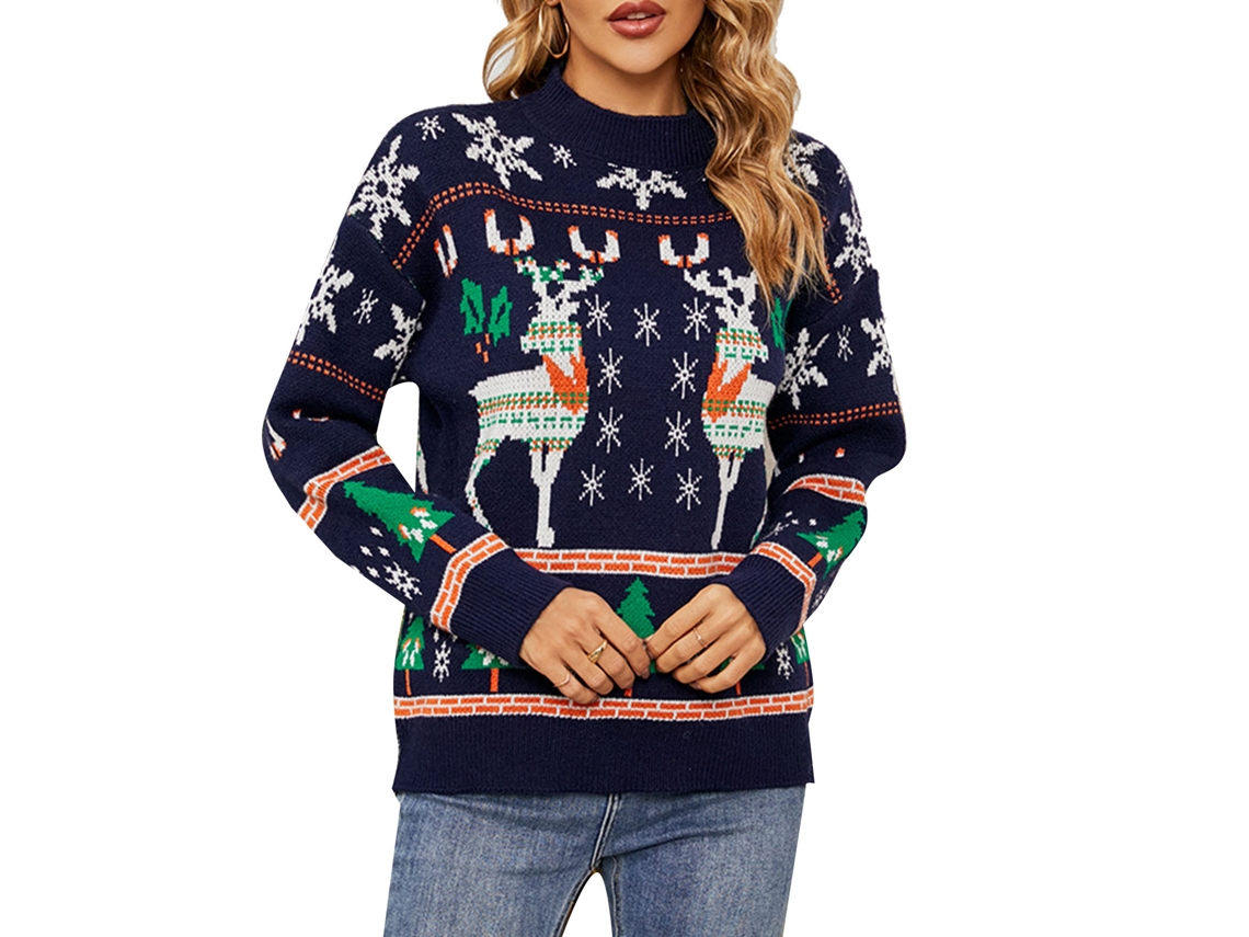 Jersey De Navidad Para Mulher Com Gola Redonda Rena Gotas De Neve Árvore Padrão Knit Pullover Azul Escuro L