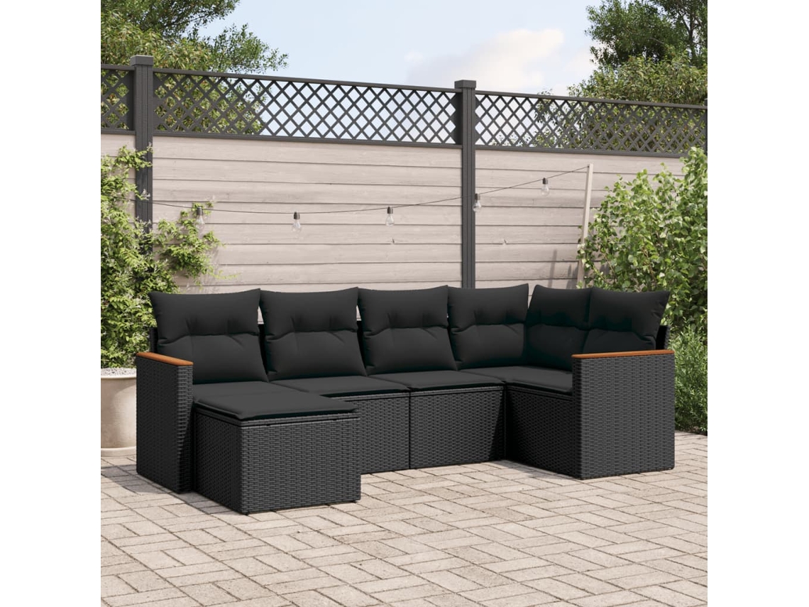 6 Pcs Conjunto Sofás De Jardim C/ Almofadões Vime Pe Preto Dkd Home Decor