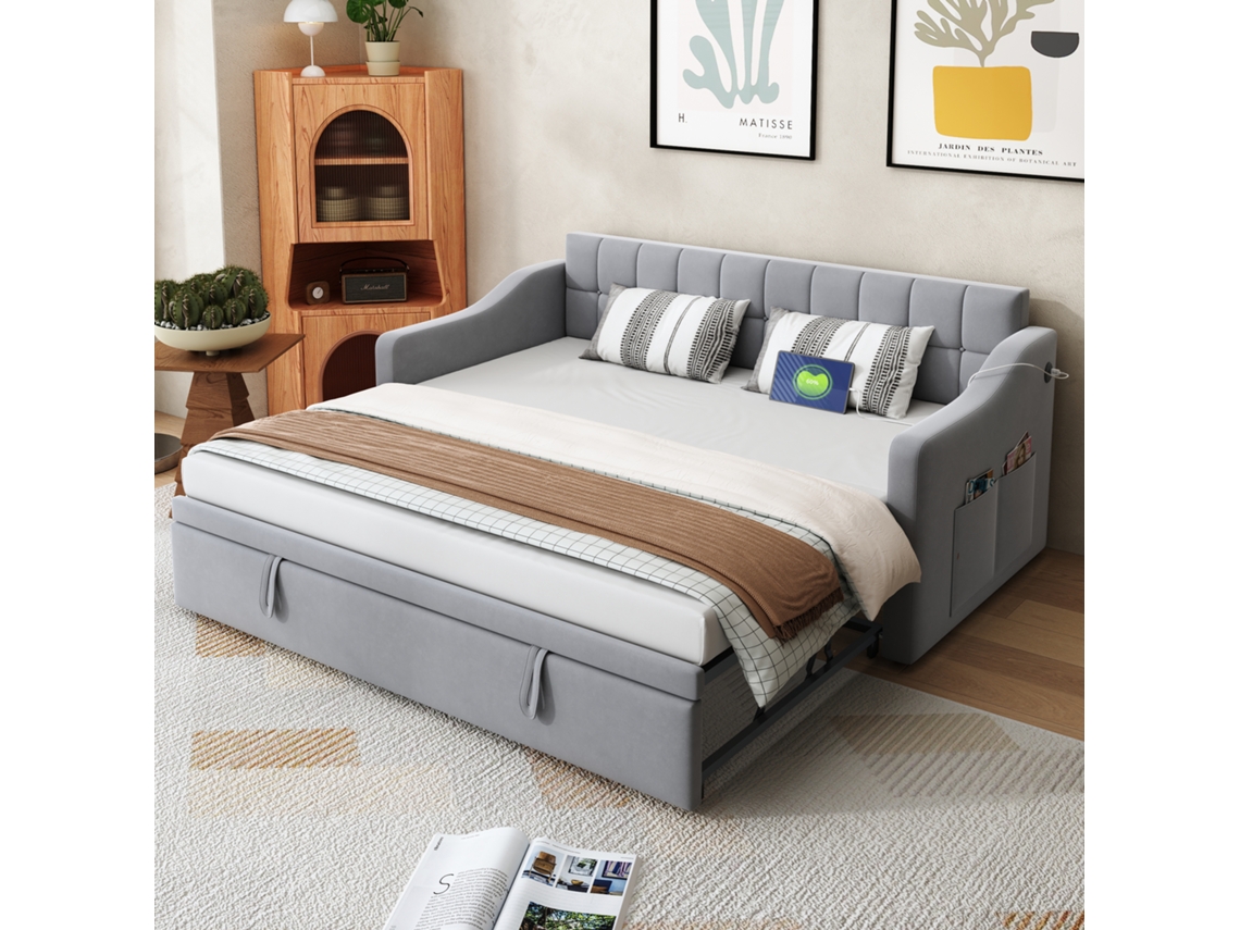 Cama Estofada Sofá Cama 2 Em 1 Sofá Multifuncional 90*180*190, Cama Estofada Em Veludo Cinza Claro Com Encaixe E Bolsa De Armazenamento-op