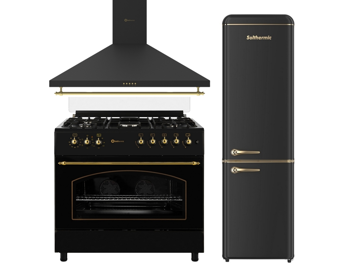 Pack Combinado Solthermic Fogão A Gás Preto Rústico 90x60 Forno Elétrico Panorâmico Exaustor 90 Frigorífico Combinado Retro 1,88