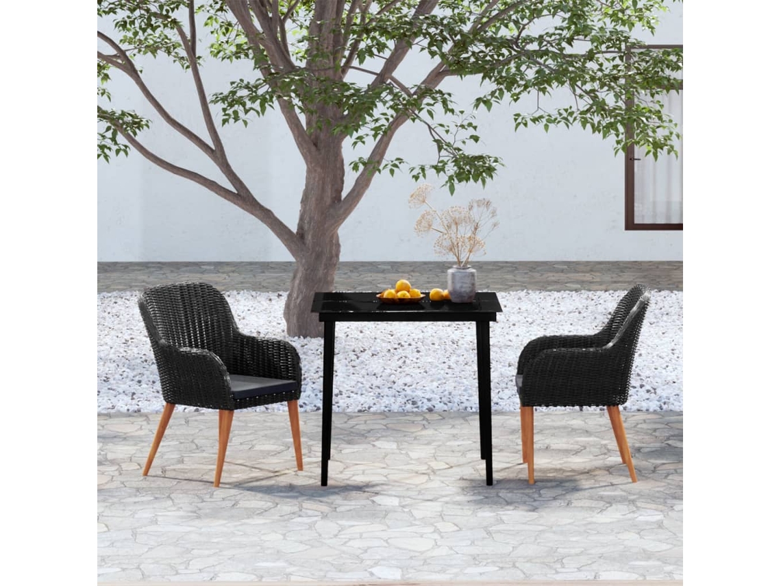 Vidaxl 3 Pcs Conjunto de Jantar para Jardim com Almofadões Preto