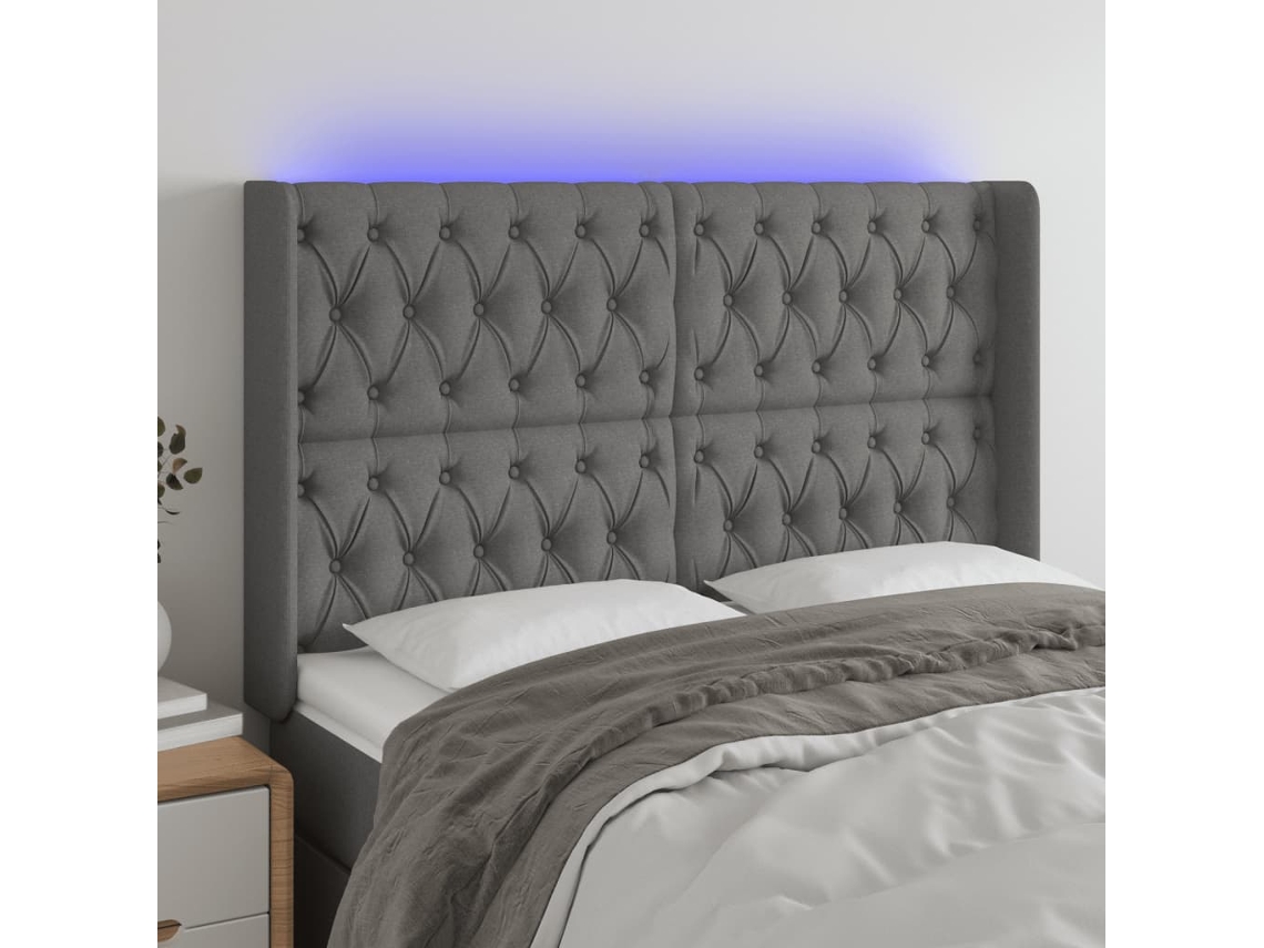 Vidaxl Cabeceira De Cama C/ Led Tecido 163x16x118/128 Cm Cinza-escuro