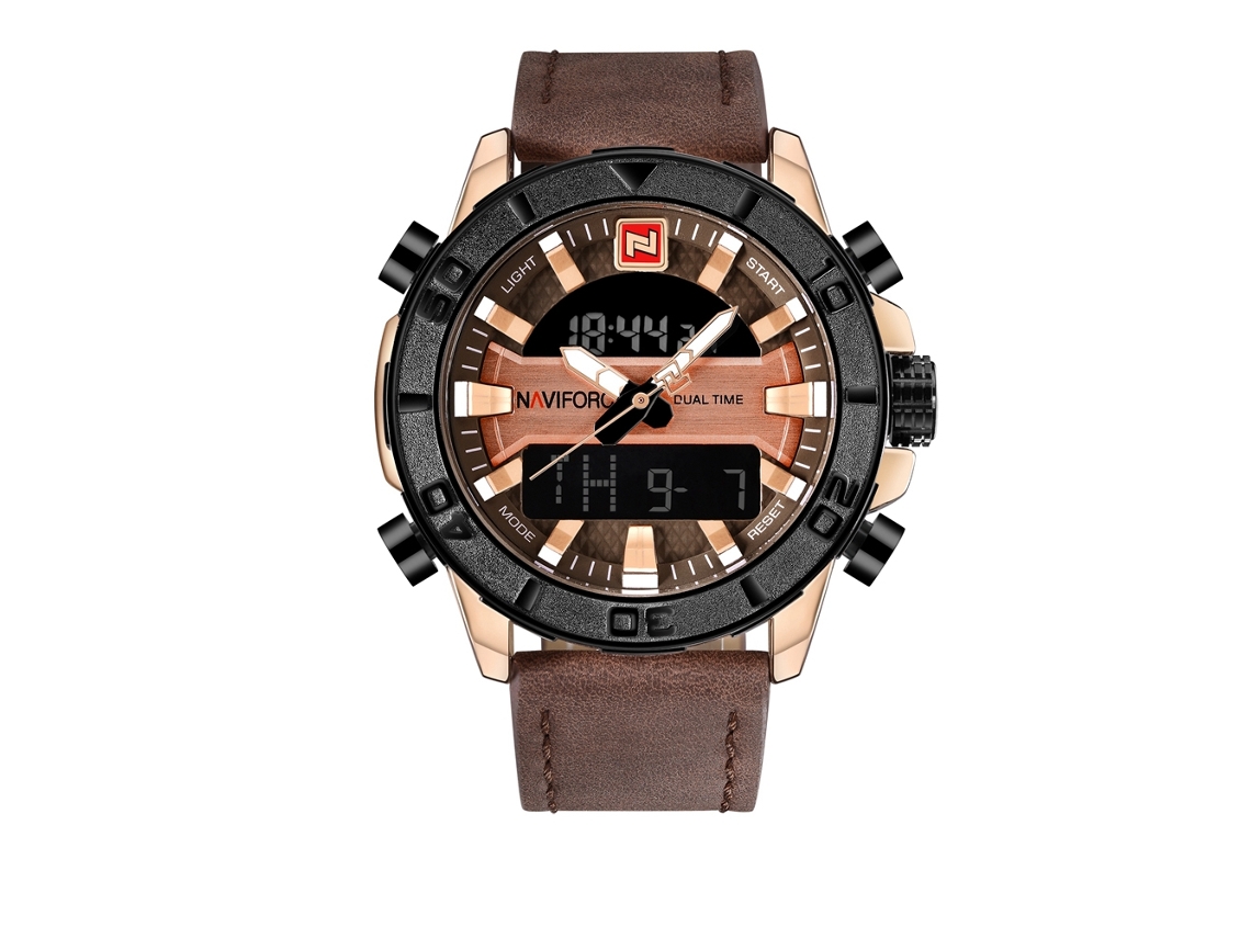 Relógio Masculino Impermeável de Cinto Pu com Dois Movimentos Naviforce Dourado