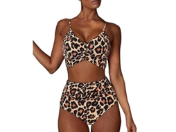 Biquíni feminino de duas peças com estampa de leopardo, cintura alta e top sensual, tamanho P