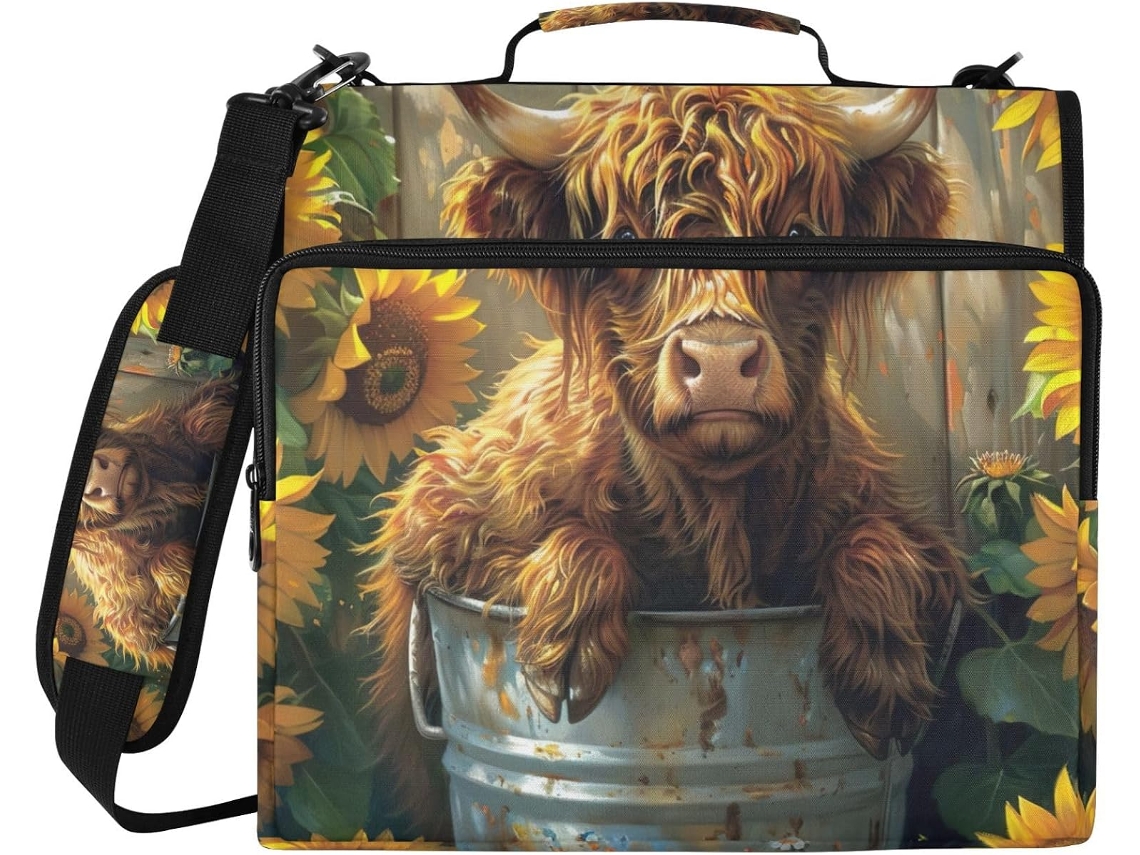 Pasta Highland Impermeável Com Estampa De Vaca E Girassol, Com Zíper E Compartimento Laptop, Organizador De