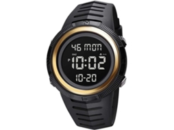 Lurelia Relógio Digital Desportivo, Visor Digital, Led, Cronómetro, Alarme, Data/calendário, 12/24h, Luminoso, Duplo Fuso/mostrador, Couro, Dourado