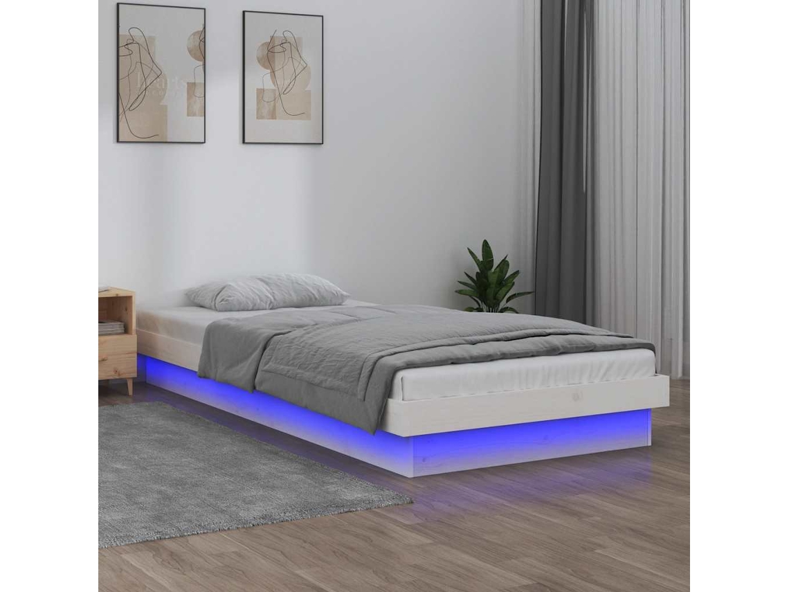 Vidaxl Estrutura Cama C/ Led Solteiro 75x190 Cm Madeira Maciça Branco