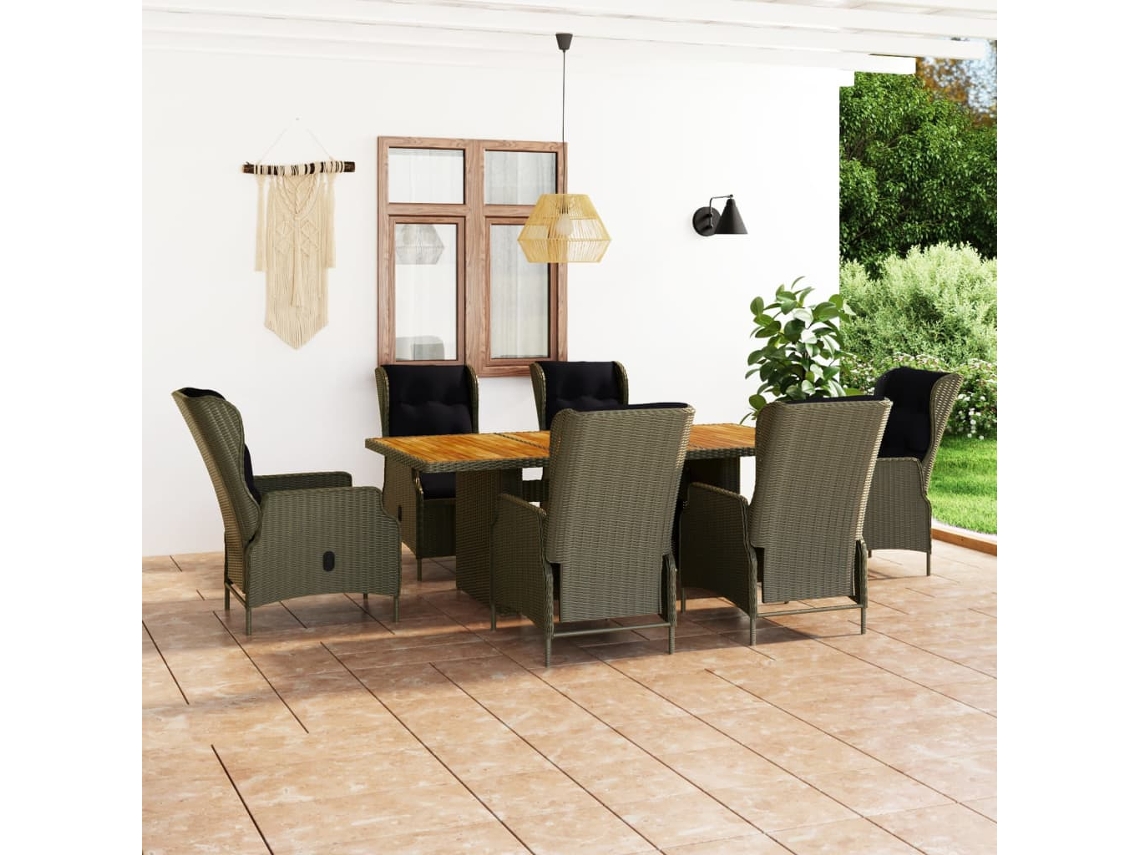 7 Pcs Conjunto Jantar Exterior Com Almofadões Vime Pe Castanho Dkd Home Decor