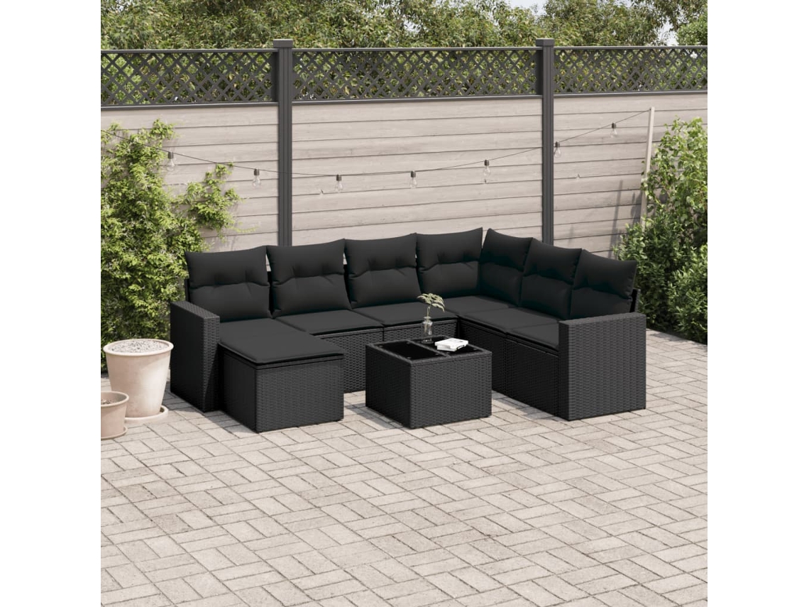 Vidaxl 8 Pcs Conjunto Sofás de Jardim com Almofadões Vime Pe Preto