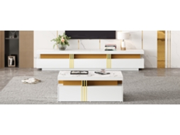 Suporte de TV branco para sala de estar com mesa de centro, multifuncional e organizado Liptaptyn
