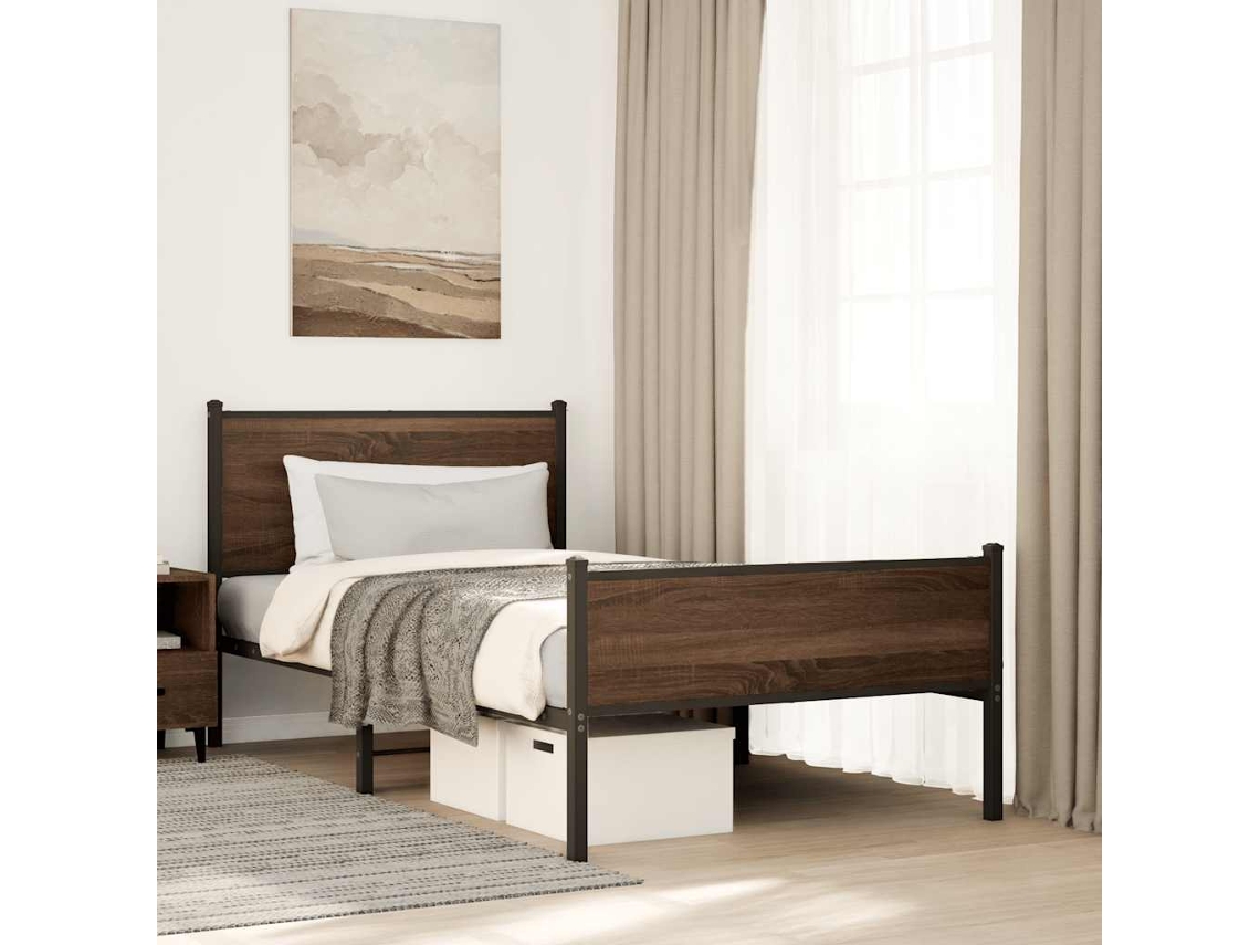 Vidaxl Estrutura De Cama Sem Colchão 107x203cm Metal Carvalho Castanho