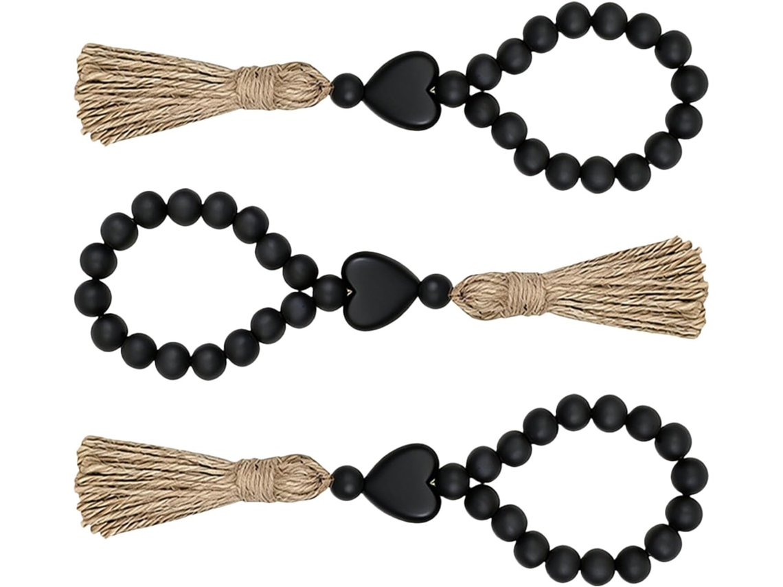 Guirlanda Decorativa Rústica Contas Madeira Pompons 3 Peças Feita Corda Decoração Lareira Ambientes Internos GOKOCO