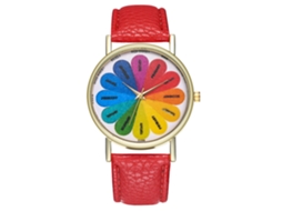 Relógio feminino casual de quartzo com pulseira de couro PU vermelha.
