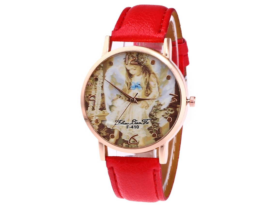 Relógio de quartzo unissex com pulseira de couro PU, mostrador com anjo, Zhoulianfa (vermelho)