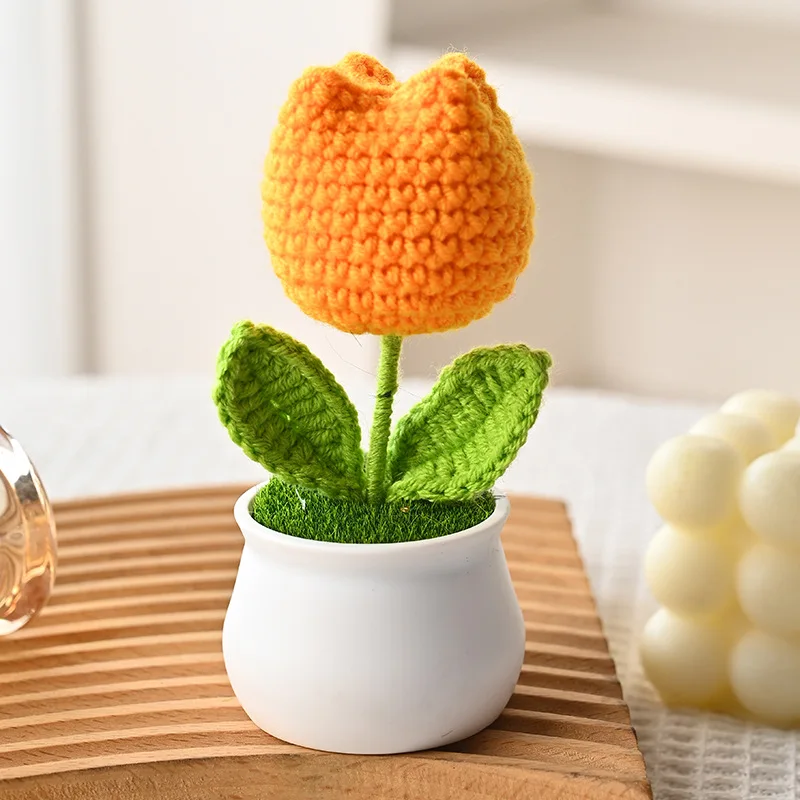(1 Peça) Mini Tulipa De Crochê, Vaso De Planta, Decoração Fofa De Flor Tricotada