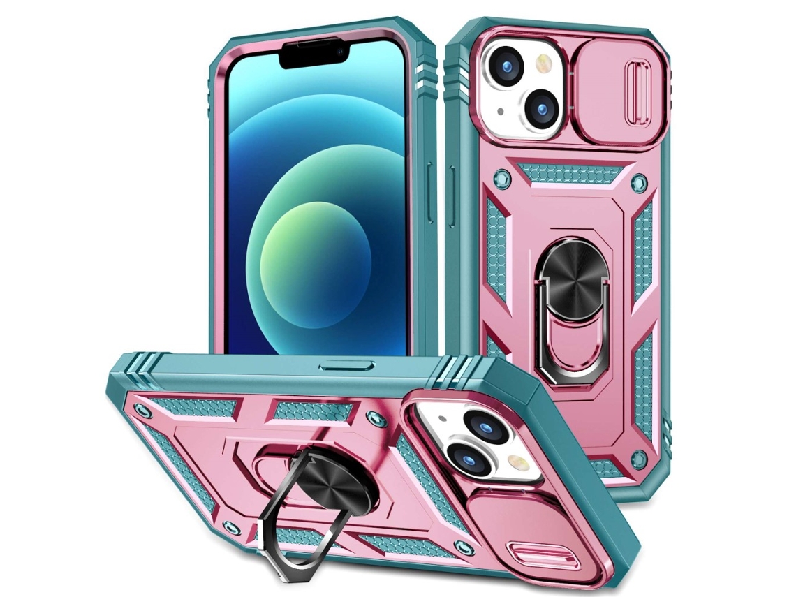 Suporte Casa Para Iphone 14 Plus Pele Sintética Anti-choque Com Porta-cartões Rosa