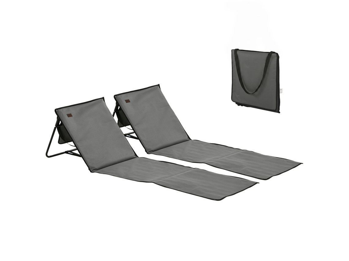 Conjunto de 2 Esteiras de Praia Dobráveis com Encosto Reclinável e Alça de Transporte 142x51x40cm Cinza BTFORUS
