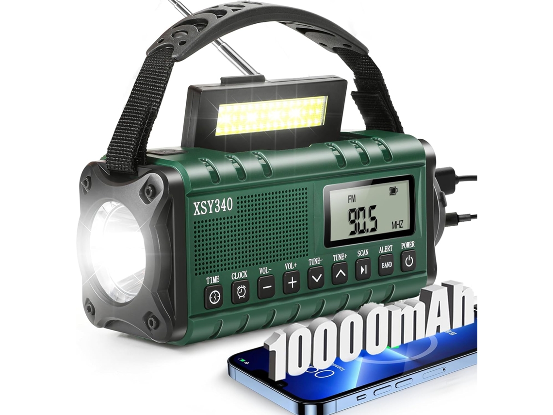 Rádio de Emergência com Células Solares, AM/FM Portátil, Manivela, Alarme SOS, Lanterna, Verde AQUAFORGE