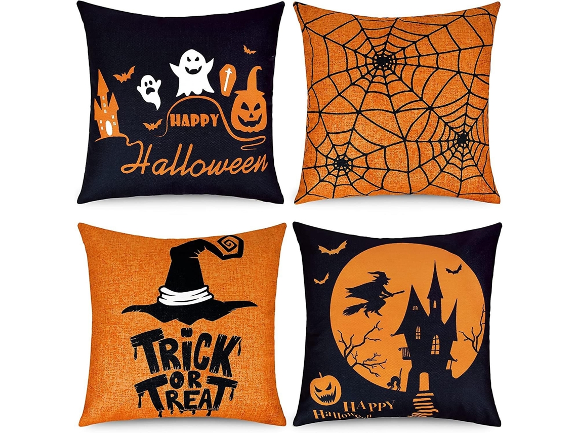 4 Capas De Almofada De Linho Para Decoração De Halloween, Laranja E Preto, 18x18 Polegadas