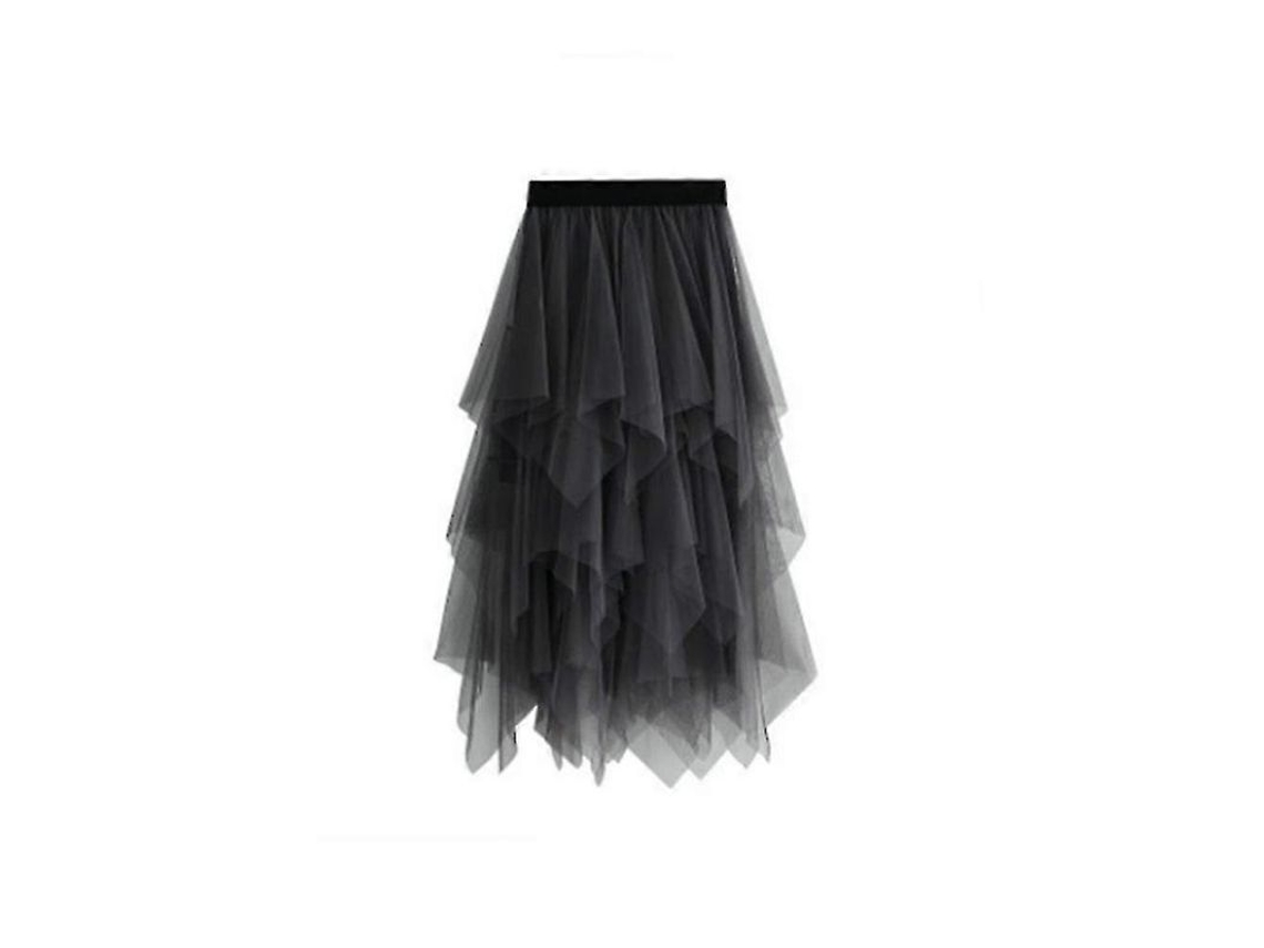 Saia Longa de Malha com Cintura Elástica Tipo Tule Feminina Estilo Fresco e Doce S2024123014526 Cinza Escuro