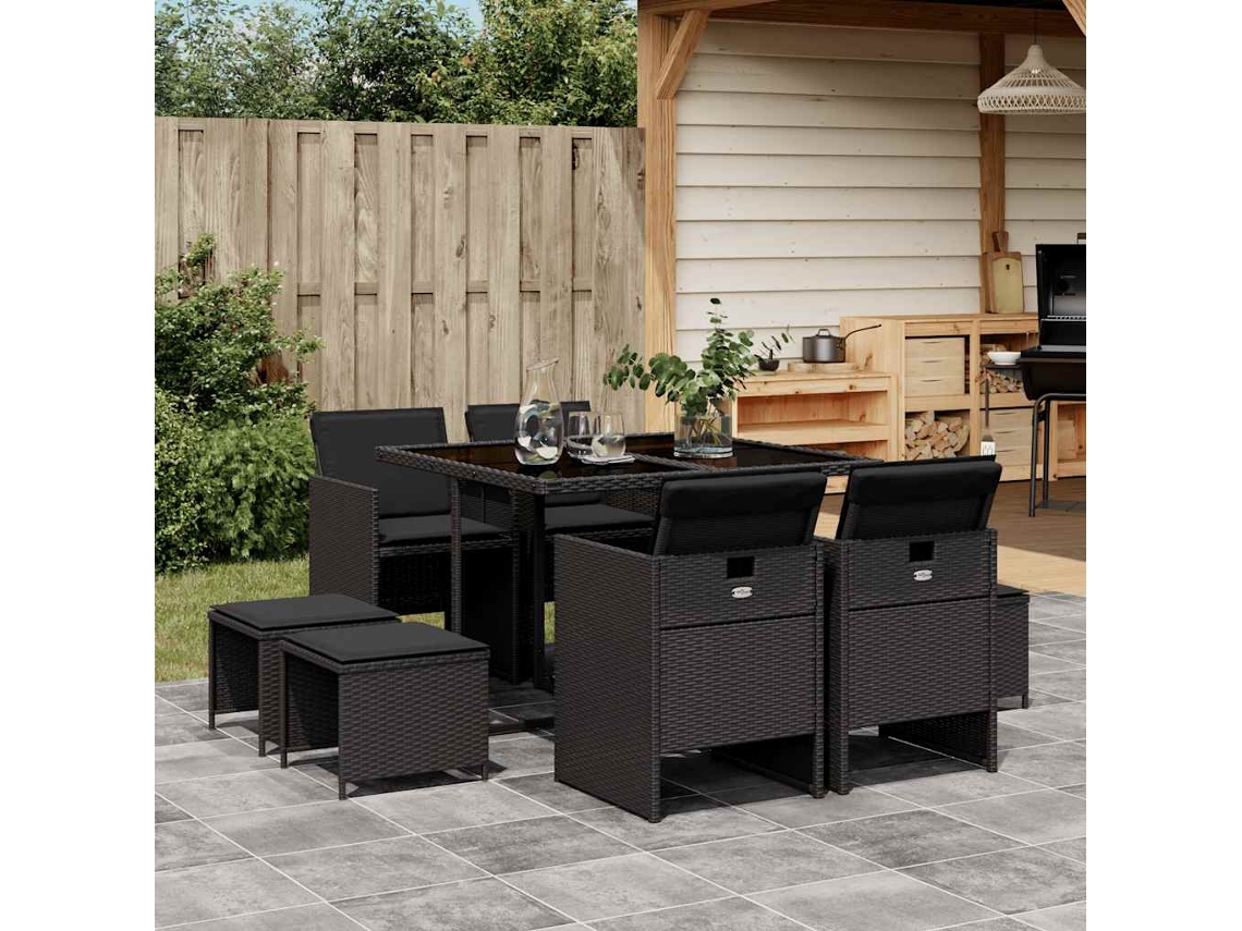 Vidaxl 9 Pcs Conjunto De Jantar P/ Jardim C/ Almofadões Vime Pe Preto