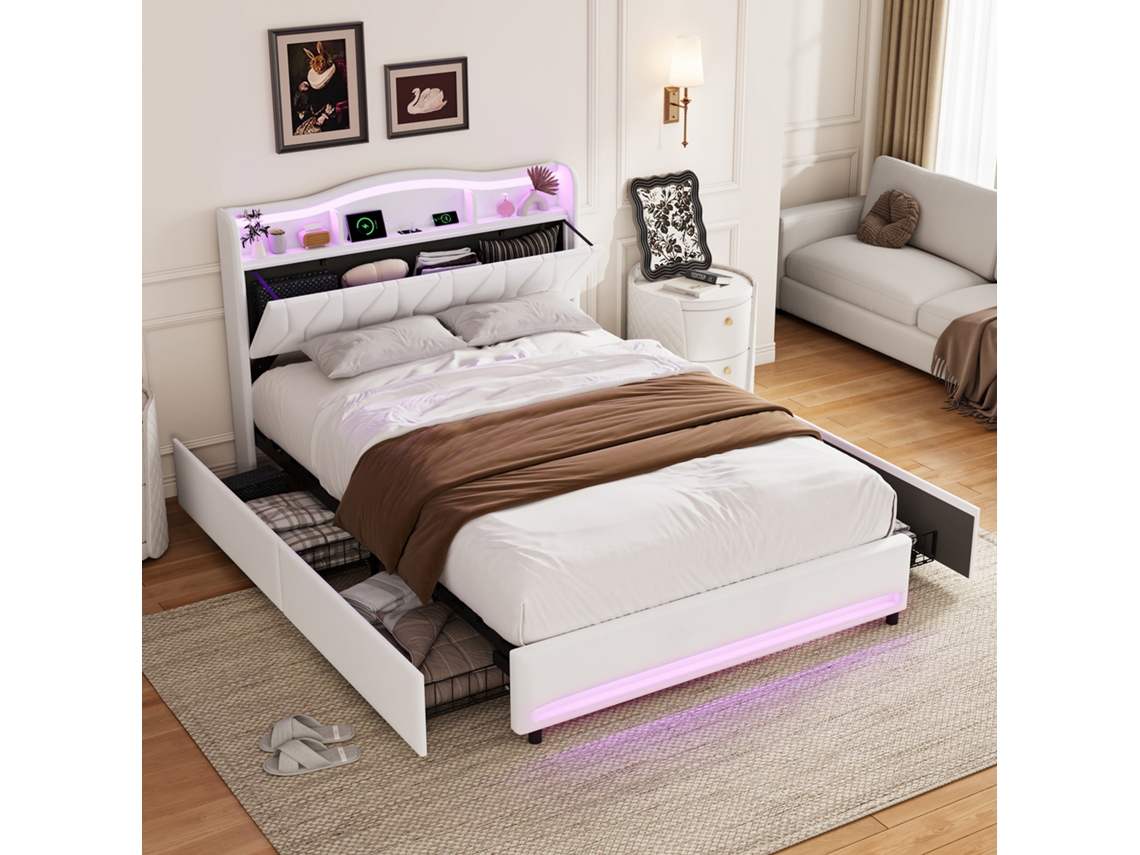 Cama Infantil 90x200 com Led para Meninas Cama Juvenil Estofada Cabeceira Ajustável Sem Colchão BURSDANY