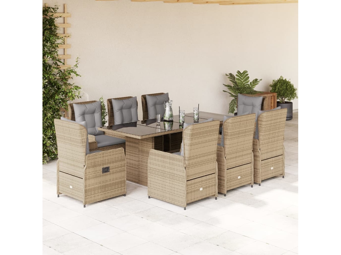 Vidaxl 9 Pcs Conjunto De Jantar P/ Jardim Com Almofadões Vime Pe Bege