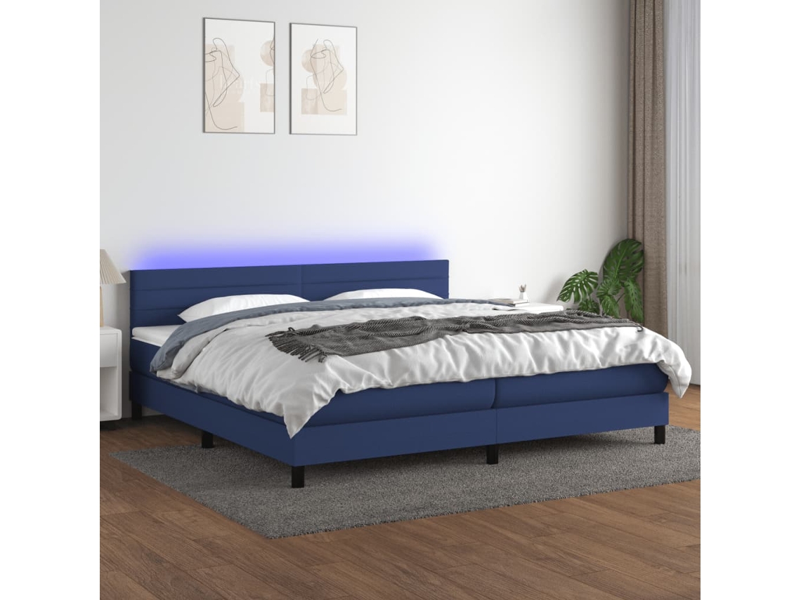 Vidaxl Cama Box Spring C/ Colchão E Led 200x200 Cm Tecido Azul