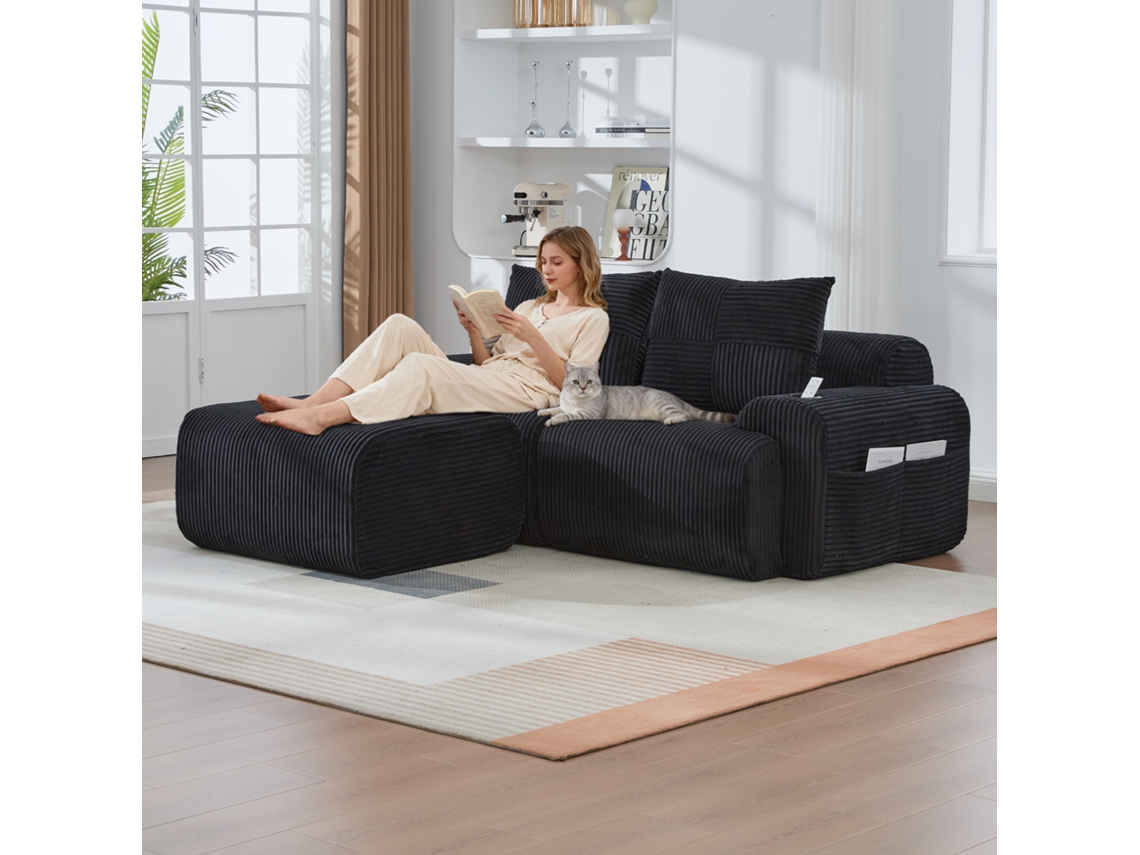 Preto: Sofá Modular De Veludo Para 2 Pessoas Com Pufes, Porta-copos E Bolsa Lateral