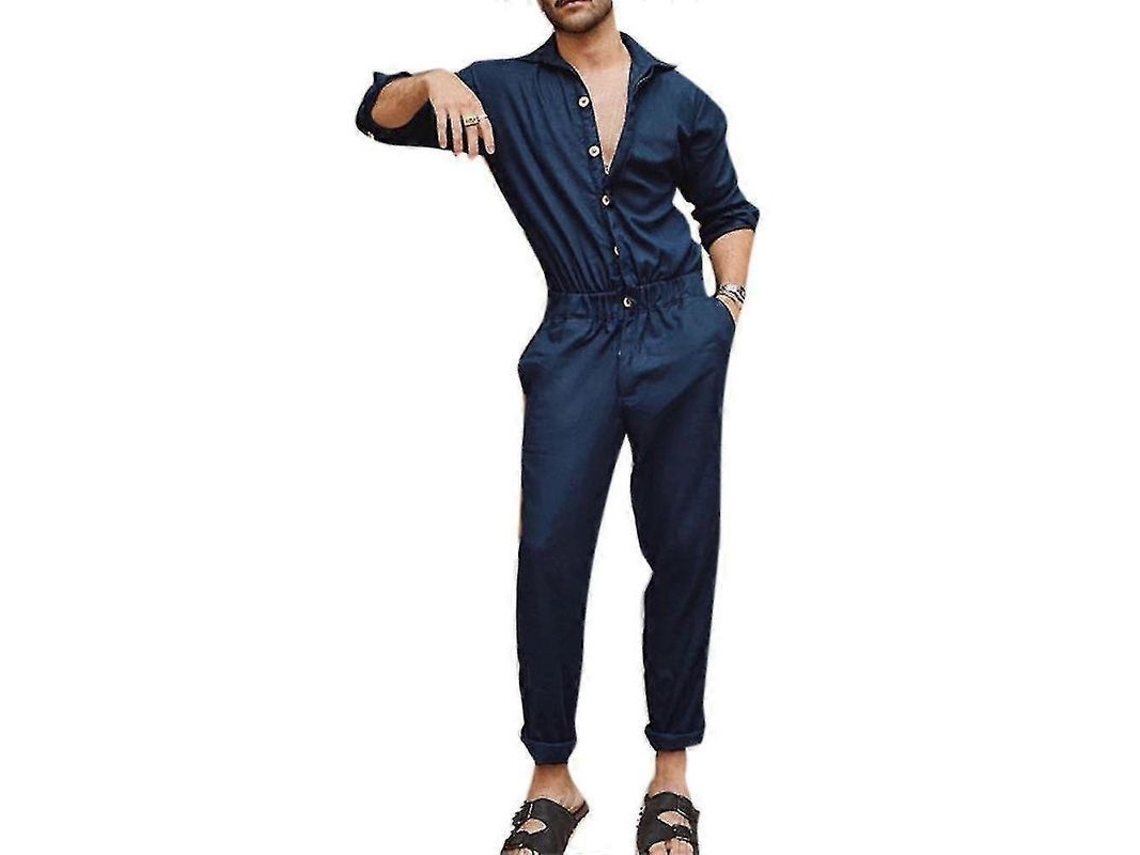 Macacão De Manga Longa Para Homem Jumpsuit Overalls Playsuit Romper Pants De Poliéster Azul Escuro