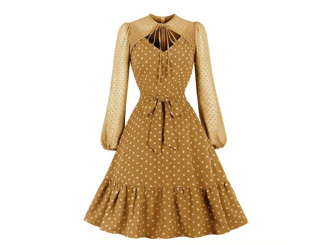 2026 vestido A line Vintage para Mulher com Pontos, Mangas Longas, Renda e Babados, Estilo Casual