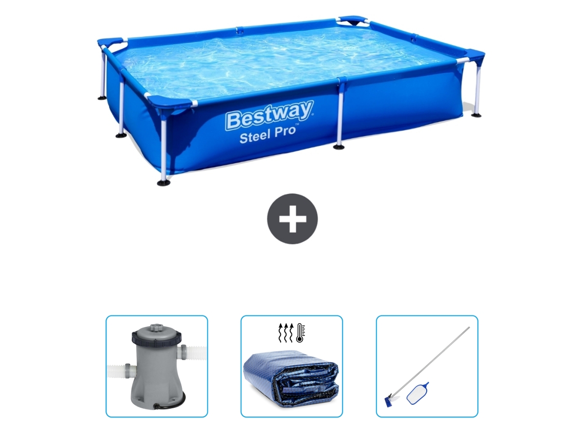 Piscina Retangular de Aço Pro BESTWAY 221 X 150 X 43 Cm Azul Incluída Bombear Vela Solar Kit de Limpeza