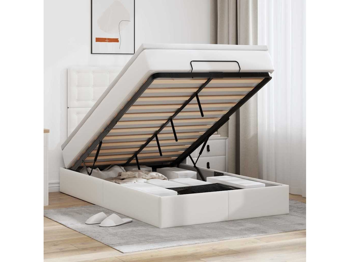 Vidaxl Estrutura de Cama Otomana com Colchão Branco Couro Falso