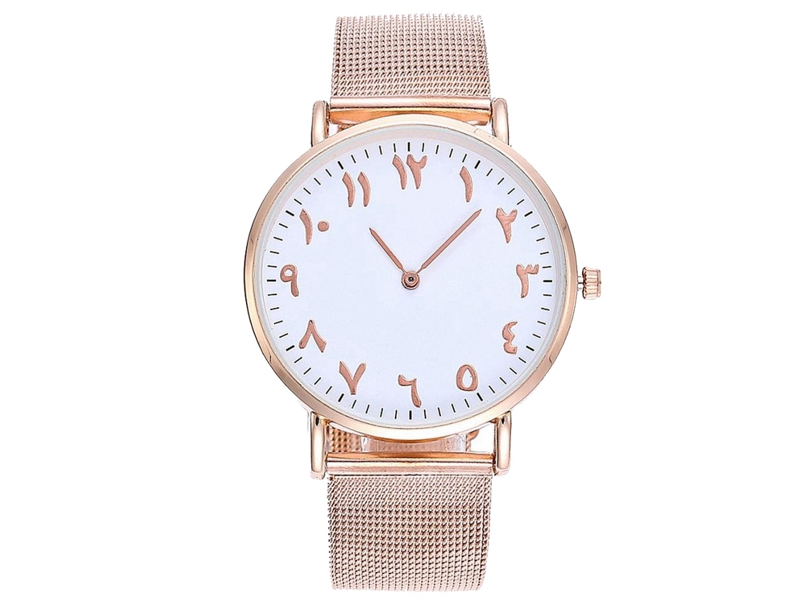 Relógio de quartzo unissex, para casais, com mostrador simples e pulseira de malha rosa.