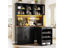 Armário De Cozinha 140cm Com Rodas E Iluminação Led, Espaço Para Vinho E Suportes De Copos Decorativo Sala E Sala De Jantar