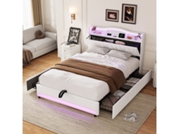 Cama de casal estofada 140x200cm, com gavetas, USB, LED, veludo, MEXUS
