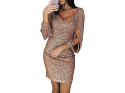Vestido Sequin Mulher Brilho Sexy V Profundo Longas Tassel Sobre a Rodilha Rosa Ouro