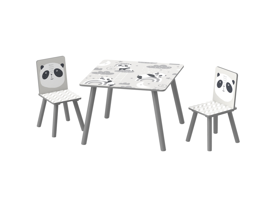 Conjunto De Mesa E 2 Cadeiras Infantis +3 Anos Com Borda E Tema Panda, Cinza E Branco