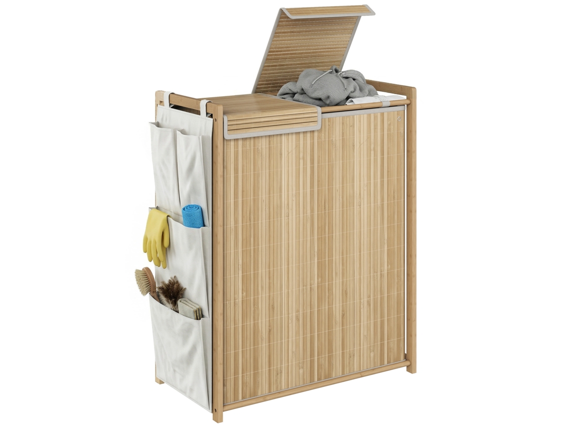 Cesto Roupa Bambu C/ Saco Cordão Removível E Bolsos Laterais, 120l, Natural