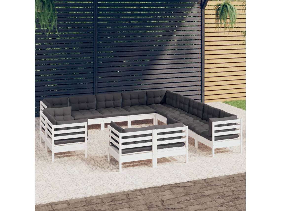 Vidaxl 13 Pcs Conj. Lounge De Jardim C/ Almofadões Pinho Maciço Branco