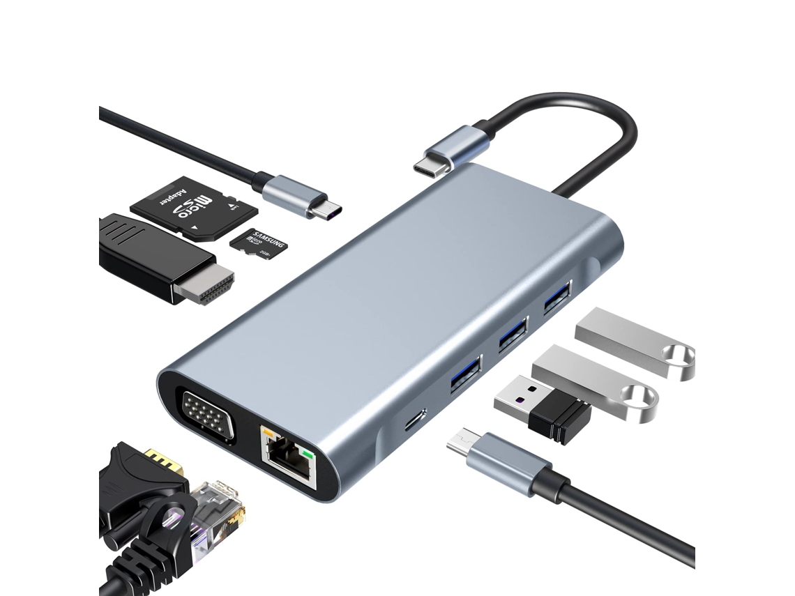 Hub Usb c, Adaptador 10 em 1 com Hdmi 4k, Usb 3.0, Leitor de Cartões Sd/tf AQUAFORGE