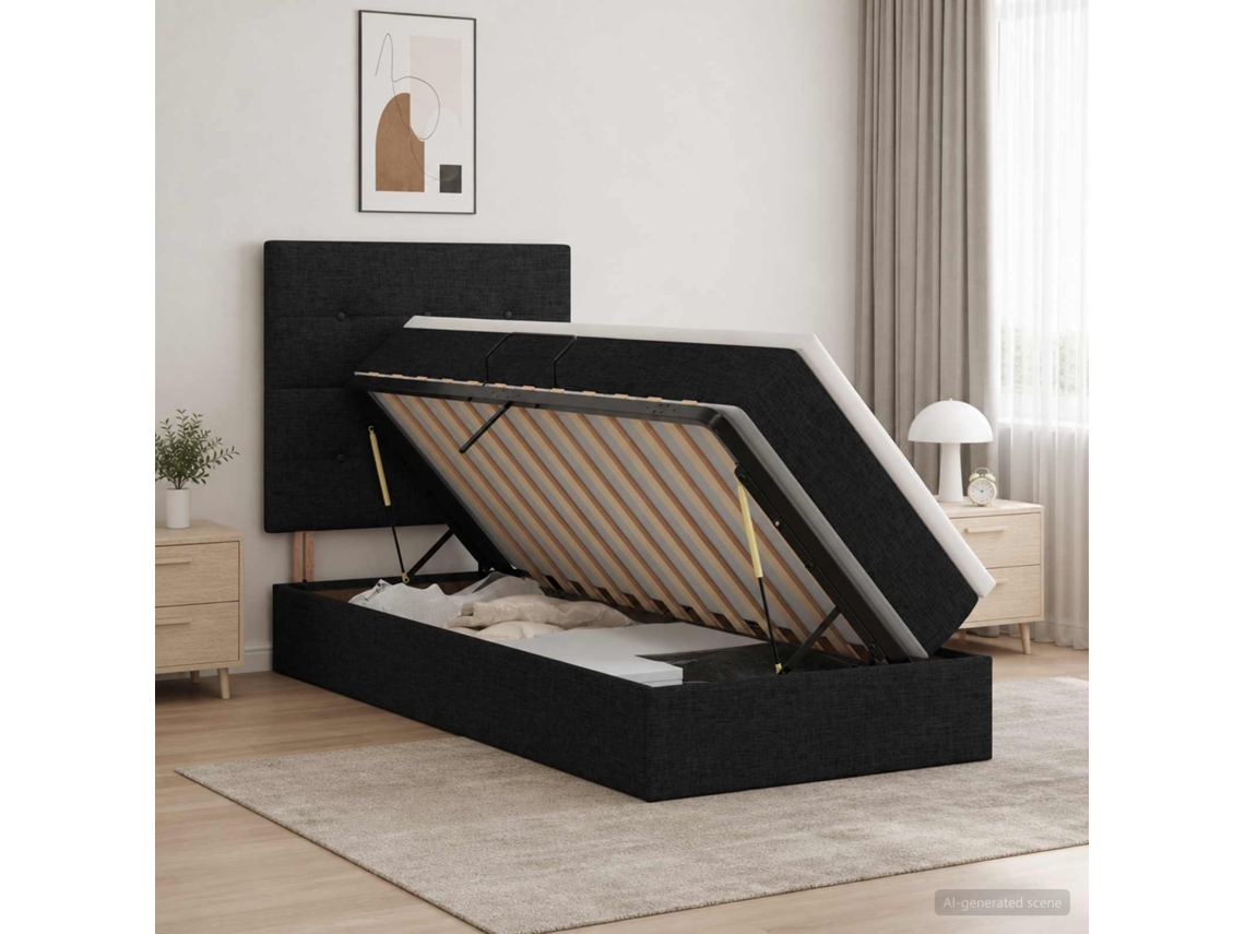 Vidaxl Cama Com Arrumação E Colchão Preto 90 X 200 Cm Tecido
