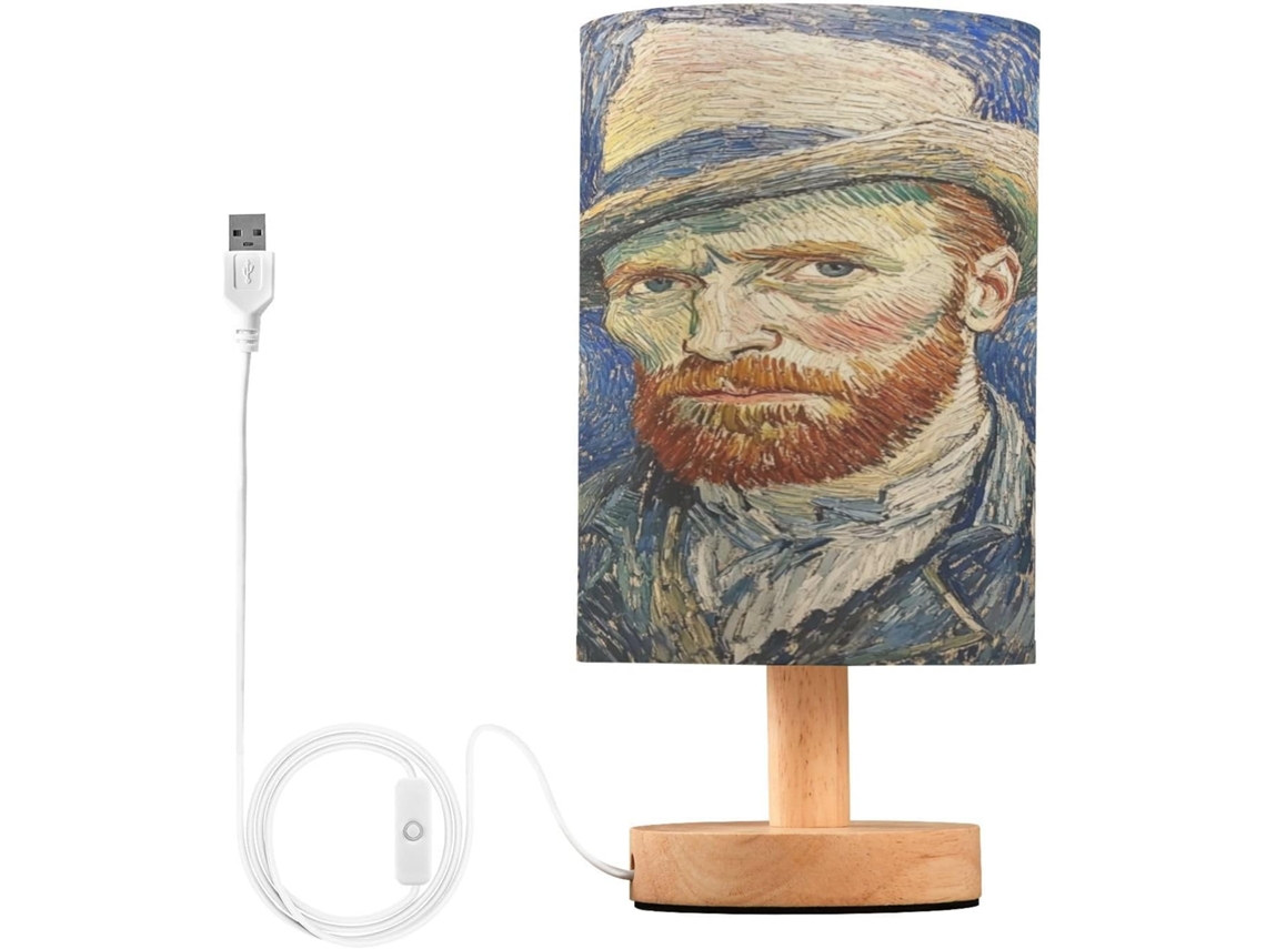 Luminária De Cabeceira Led Noite Estrelada Van Gogh, Luminária De Leitura Com Cúpula Tecido, Base De Madeira E Porta Usb