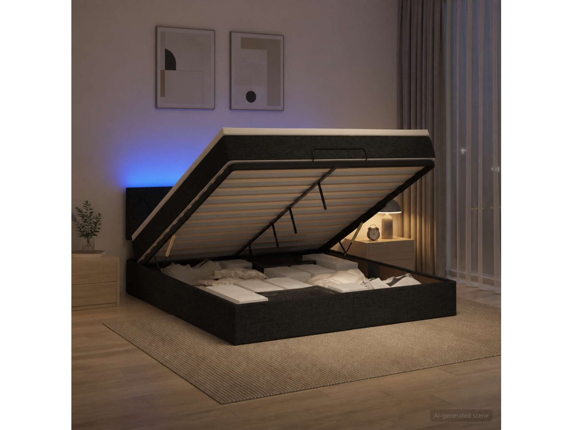Vidaxl Cama Ottoman Com Colchão E Led Preto 140 X 200 Cm Tecido